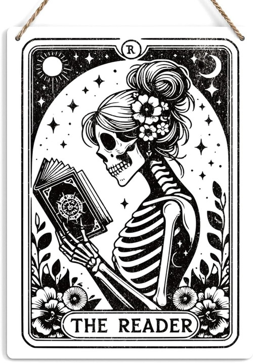 Humorous skeleton tarot metal sign in rustic farmhouse style for home office decor, ideal for book lovers and witches | Family Wall Decor