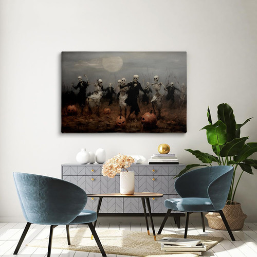 Vintage skeleton dance canvas wall art in dark academia style, gothic Halloween decor accent for a moody living room display | Family Wall Decor