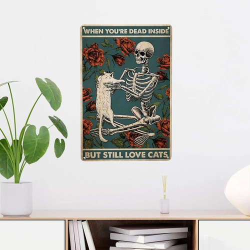Skeleton cat metal tin sign wall art, vintage-style decor for bars and clubs, retro distressed look for cat lovers | Familywalldecor