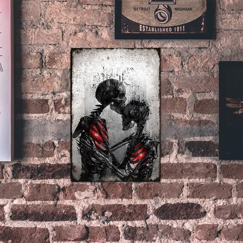 Gothic skeleton wall art metal sign with intricate cutout details, matte black finish, vertical design for bedroom decor | Familywalldecor