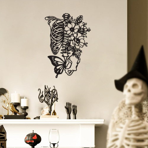 Gothic skeleton wall art metal skull with flowers in weatherproof steel, vertical design for bedroom or outdoor patio decor | Familywalldecor