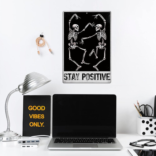 Funny spooky skeleton metal sign wall art for gothic room decor, perfect accent for an apartment, playful and eerie. | Familywalldecor