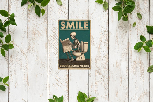 Retro skeleton metal sign wall art with bathroom humor, indoor outdoor plaque for home bar decor and restroom laughs | Familywalldecor