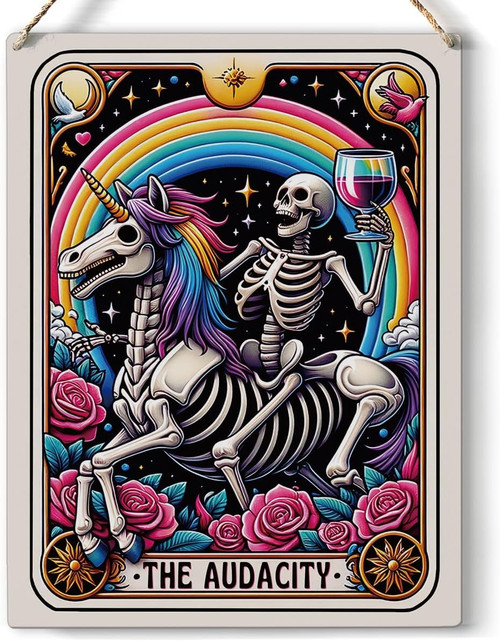 Skeleton wall art metal sign for front door decor, gothic spooky accent in sturdy metal, adds eerie welcome to your entryway | Familywalldecor