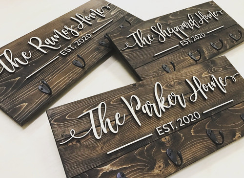 Vintage wood key holder for wall, personalized with names and date, entryway organizer, thoughtful wedding gift for couples. | Familywalldecor