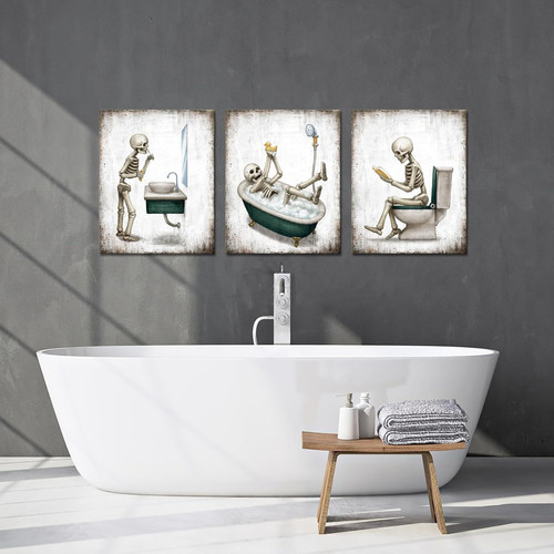 Cute skeleton canvas wall art, vintage-style print for bathroom decor with whimsical Halloween vibe for festive season | Family Wall Decor