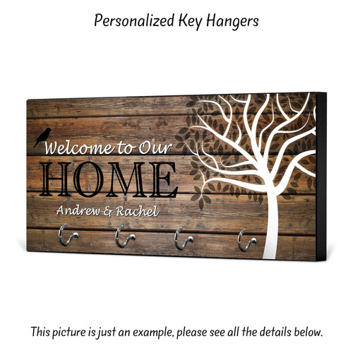 Personalized wooden key holder with engraved names, thoughtful wedding anniversary gift for couples, entryway hooks | Familywalldecor