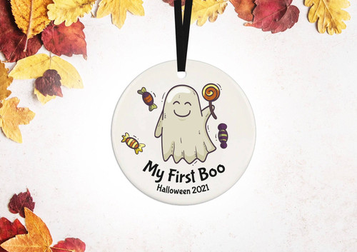 Baby's First Halloween ornament with cute ghost and pumpkin, personalized with baby name; keepsake for Halloween decor | Familywalldecor