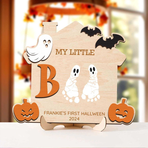 Baby's First Halloween wood sign personalized with name and date, DIY footprint keepsake for my little boo nursery decor | Family Wall Decor
