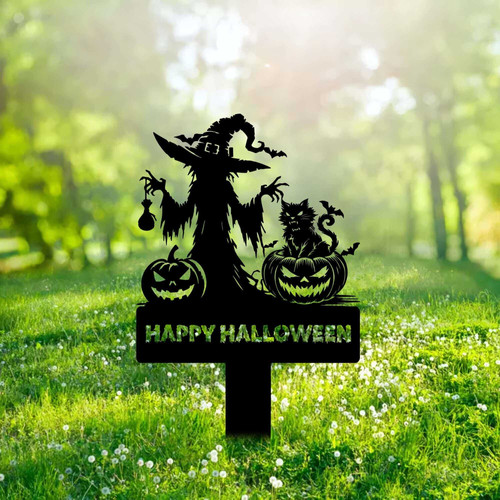 Black cat Halloween metal sign with witch hat and pumpkin, personalized family name for outdoor porch decor, black finish | Family Wall Decor