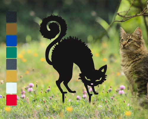 Halloween black cat garden metal stakes for porch decor, whimsical metal silhouettes for yard display, fun gift for friends | Familywalldecor