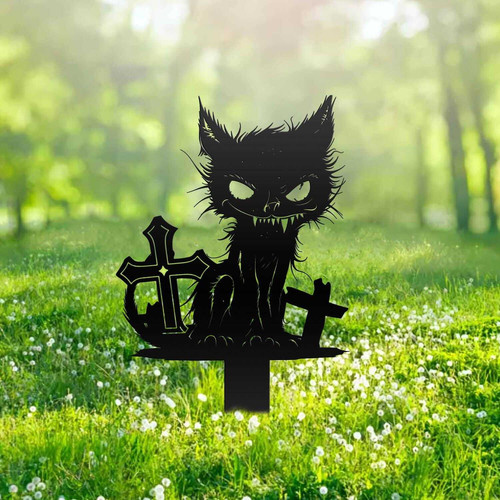 Spooky black cat metal garden stake Halloween yard art sign, personalized with custom name for outdoor lawn and garden decor | Familywalldecor