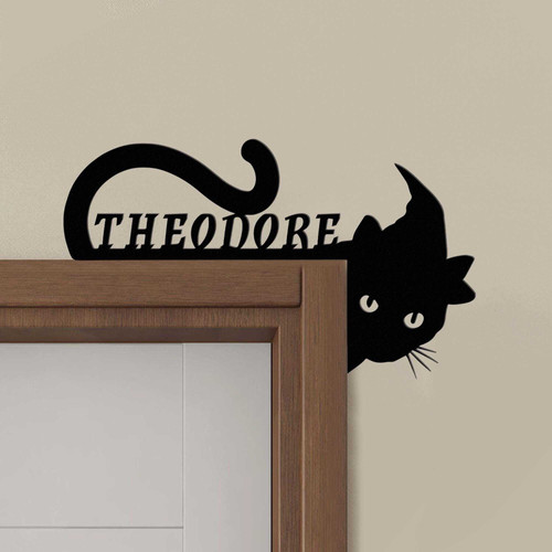 Black cat Halloween metal sign with witch hat corner design, personalized with name for spooky front door decor | Family Wall Decor