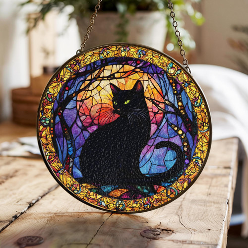Black cat Halloween suncatcher personalized with your text, spooky window decor for cat lovers and festive autumn accents | Family Wall Decor