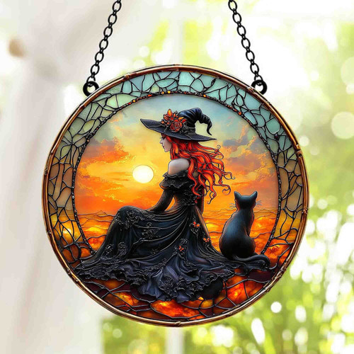 Halloween black cat suncatcher acrylic ornament for windows featuring witch and crescent moon, handcrafted spooky décor | Family Wall Decor