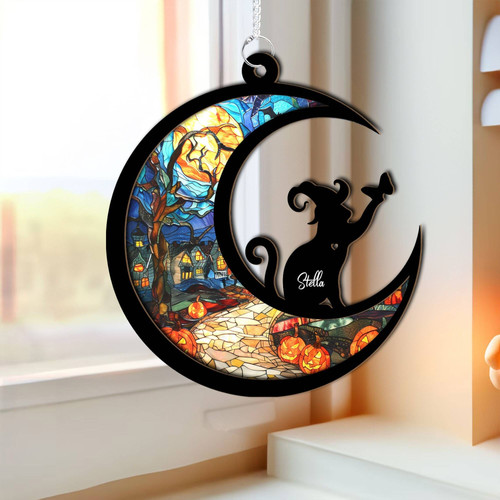 Black cat Halloween suncatcher with personalized name and dates, memorial window decor for sympathy remembrance of a pet. | Family Wall Decor