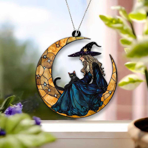 Spooky witch and black cat suncatcher window hanging for witchy home decor, stained glass casts eerie light on Halloween | Familywalldecor