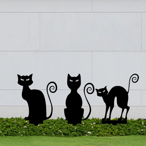 Spooky black cat metal sign outdoor garden decor for Halloween, arched-back silhouette accent for yard, porch, or fence | Familywalldecor