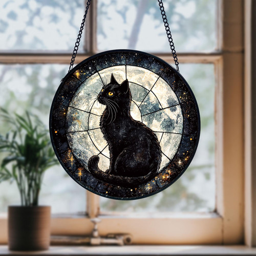 Black cat on crescent moon stained glass suncatcher, amber moon, window hanging Halloween gift for cat moms, fall decor | Familywalldecor