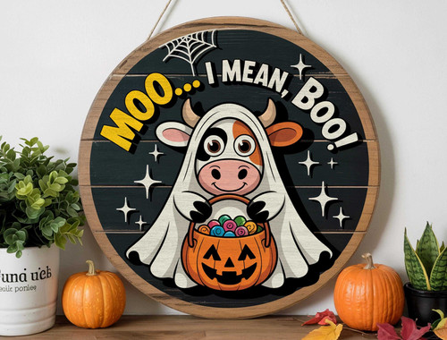 Halloween ghost cow wood sign for porch decor, rustic farmhouse style with Boo Crew text and cute spectral cow graphic | Familywalldecor