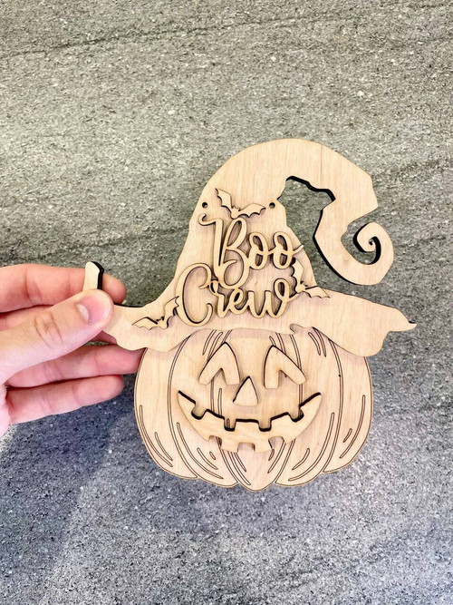 Boo Crew pumpkin head door hanger personalized wood sign for Halloween, rustic orange pumpkin, family name for front door | Family Wall Decor