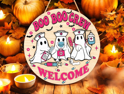 Boo Crew nurse Halloween door hanger sign with spooky medical ghost on MDF, personalized with names; door decor for nurses | Family Wall Decor