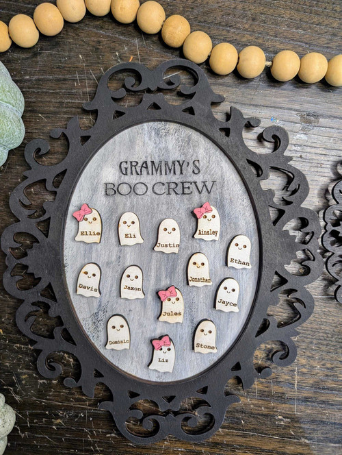 Halloween Boo Crew wood sign personalized for family wall decor with ghost icons and custom names, spooky indoor plaque | Familywalldecor