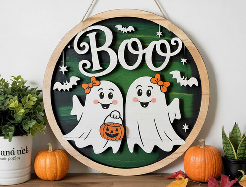 Boo Crew ghost door sign, round wooden Halloween porch hanger with ghosts and Trick or Treat greeting for front door decor | Familywalldecor