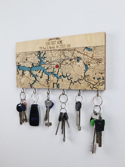 Personalized family map wall key holder in contemporary style, custom names and address, with hooks for entryway organization | Familywalldecor