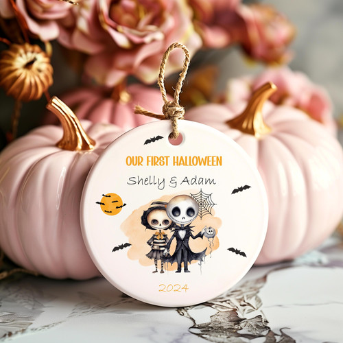 First Halloween keepsake ornament for couples, personalized with names and date to celebrate a first spooky season | Familywalldecor