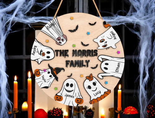 Ghost dog theme wood sign with laser-engraved pet name, paw prints, twine hanger; personalized Halloween entryway gift. | Family Wall Decor