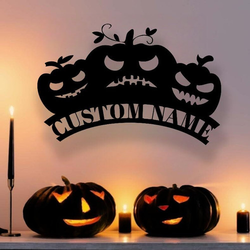 Halloween scary pumpkin wall art sign with carved face, personalized family name for indoor or outdoor decor | Familywalldecor
