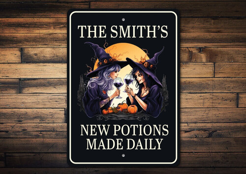 Halloween witchy metal bar sign personalized with name, broom and cauldron, powder-coated steel for home bar decor | Family Wall Decor UK