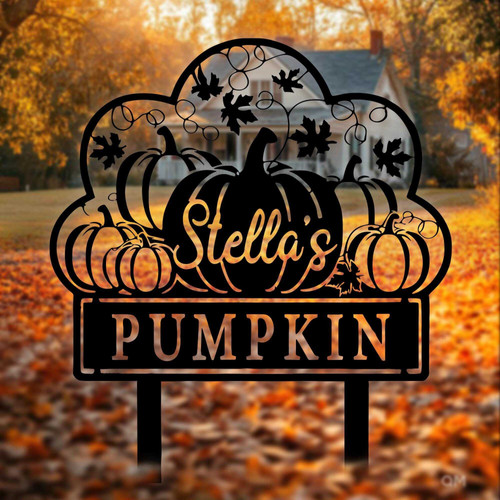 Pumpkin patch metal yard sign personalized with family name for autumn harvest garden decor, rustic farmhouse outdoor accent | Familywalldecor