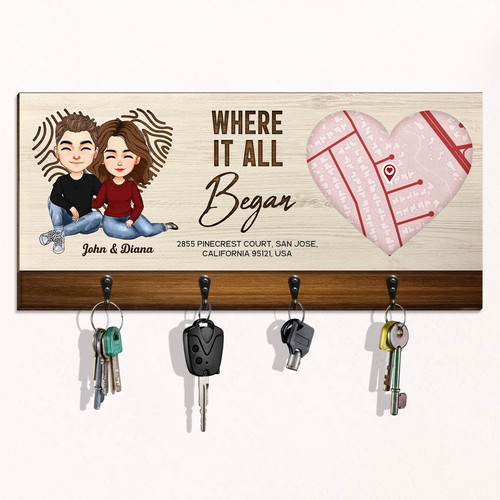 Where It All Began personalized map key rack holder for couples, wall-mounted hooks with custom names, date, location | Familywalldecor