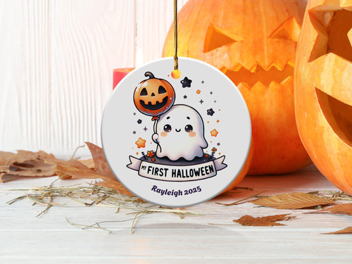 Baby's First Halloween ghost ornament personalized with baby’s name and year, cute newborn keepsake and gift for new parents | Familywalldecor