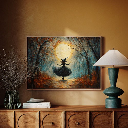 Moonlit forest dancing witch canvas wall art, portrait orientation, full moon and pines, Halloween décor, gallery wrap | Family Wall Decor UK
