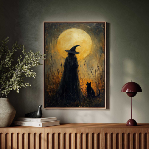 Mystical Halloween witch canvas wall art with cat silhouette, enchanting accent for living room decor, landscape orientation | Family Wall Decor