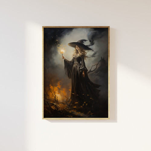 Halloween witches canvas featuring ethereal flames in vintage gothic style, dark romantic decor accent for moody living rooms | Family Wall Decor DE