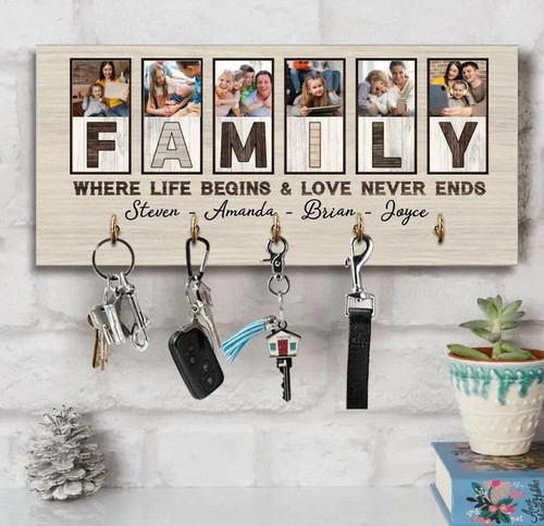 Family key holder wooden sign with custom photo, personalized entryway decor and key hooks, thoughtful housewarming gift | Familywalldecor