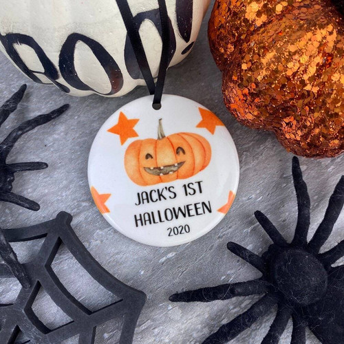 Baby's first Halloween ceramic pumpkin ornament keepsake, personalized with name and year, white with orange, nursery decor | Familywalldecor