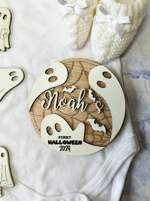 Baby's First Halloween wooden sign, personalized with name and date, pumpkin and ghost design, nursery decor keepsake. | Family Wall Decor