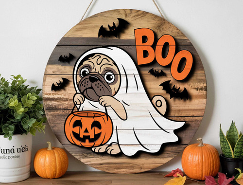 Funny ghost dog wood sign featuring a pug in a sheet costume with Trick or Treat text, rustic wall decor for Halloween fall. | Family Wall Decor