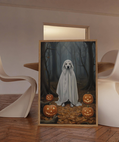 Spooky ghost dog canvas print with vintage Halloween art, orange backdrop, bats and moon, portrait orientation for entryway | Family Wall Decor
