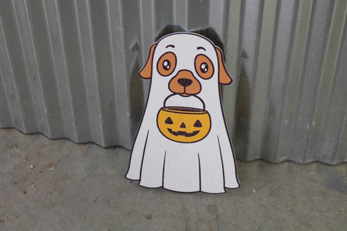 Halloween ghost dog wood sign with golden retriever in sheet costume and jack-o'-lantern, UV-printed window hanging decor | Family Wall Decor