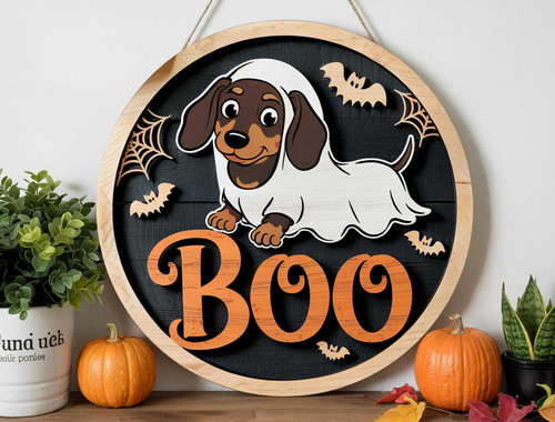 Spooky ghost dog wood sign door hanger featuring a dachshund in a sheet costume, Halloween front door decor for pet lovers | Family Wall Decor