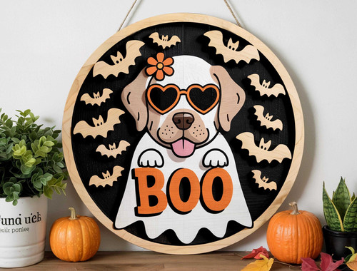 Ghost dog wood sign with heart glasses for fall porch decor, funny Halloween wall art for rustic front entryway | Familywalldecor