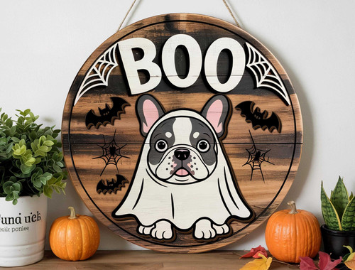 Ghost dog wood sign Halloween wall decor with bats and spiderwebs, fall accent for entryway wall, perfect for dog lovers | Familywalldecor