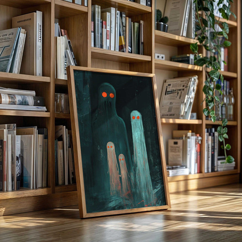 Eerie ghost family canvas wall art in moody style, monochrome Halloween decor, portrait orientation for entryway accent | Family Wall Decor