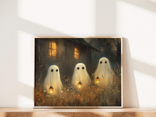 Ghost family canvas featuring a vintage haunted house under a moonlit sky, bats and trees, perfect Halloween wall decor | Familywalldecor